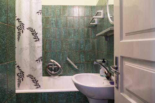 a bathroom with a sink and a shower curtain at Vintage Apartment Nona in Mošćenička Draga