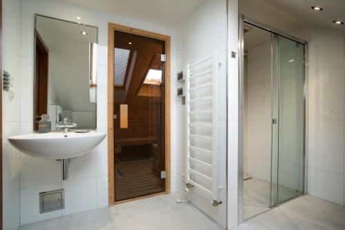 a bathroom with a sink and a glass door at Luxury Penthouse Apartment in Prague