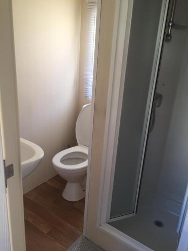 een badkamer met een toilet en een wastafel bij Stacaravan Jade in IJmuiden