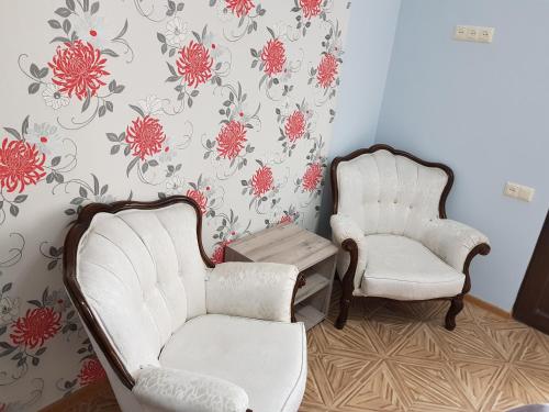 two chairs and a table in a room with wallpaper at Guest House Giorgi in Makhinjauri