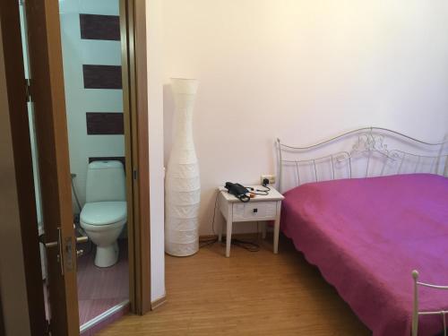 - une chambre avec un lit rose et des toilettes dans l'établissement R and B, à Bordjomi