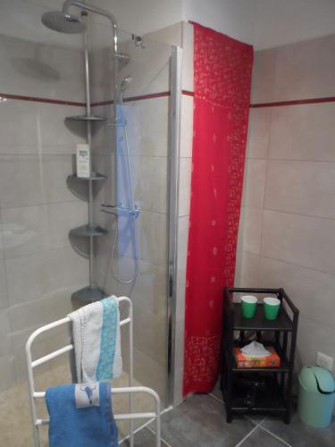 La salle de bains est pourvue d'une douche avec un rideau rouge. dans l'établissement Place du Château, à Pourrières