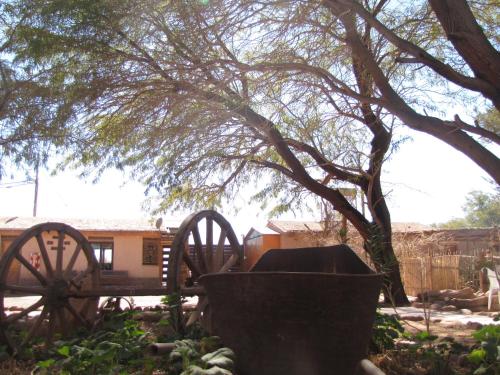 an old wagon in a yard under a tree at Hotel-Camping Takha Takha in San Pedro de Atacama