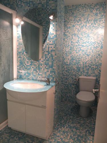 une salle de bain avec un lavabo, des toilettes et un miroir dans l'établissement Appartement Le Belvédère, à Roquebrune-Cap-Martin