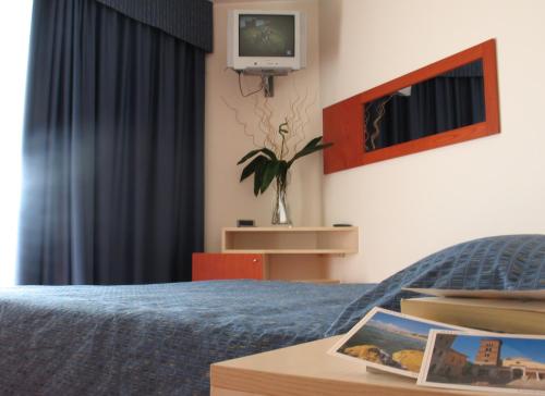 1 dormitorio con 1 cama y TV en la pared en Torre Del Sole en Terracina