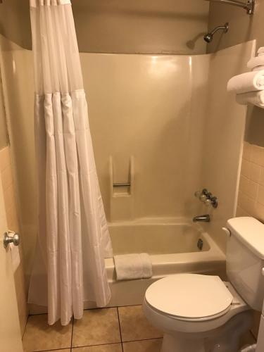 łazienka z wanną, toaletą i prysznicem w obiekcie Blue Note Motor Inn w mieście Marietta