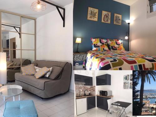 un collage de photos d'une chambre et d'un salon dans l'établissement Bandol Port & Plage, à Bandol