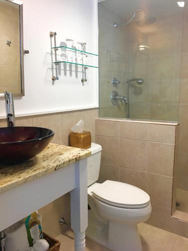 a bathroom with a toilet and a sink and a shower at The Platinum Pebble Boutique Inn - Adults Only Property in Harwich Port