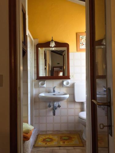 a bathroom with a sink and a toilet and a mirror at Due Piani in Barberino di Val dʼElsa