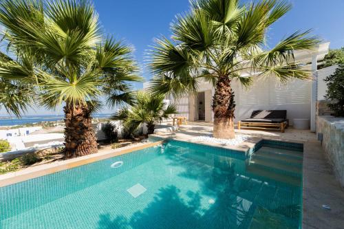 a swimming pool with palm trees and the ocean at Anna Platanou Suites in Agia Irini Paros