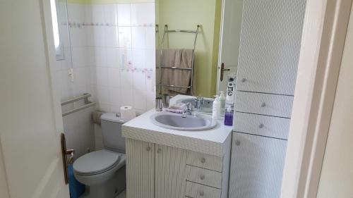 a white bathroom with a toilet and a sink at Castel Parc in Périgny