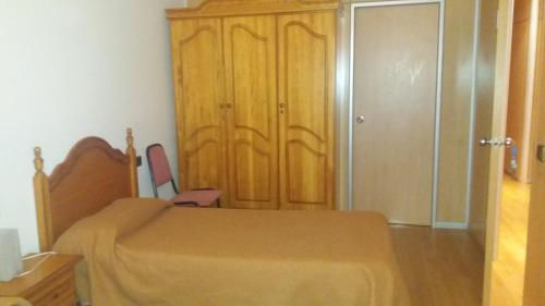 1 dormitorio con 1 cama y armario de madera en Hostal Bonaterra, en Maçanet de la Selva