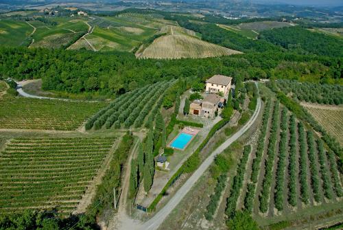 - une vue aérienne sur une ferme avec une maison et une piscine dans l'établissement Podere Remignoli, à San Gimignano