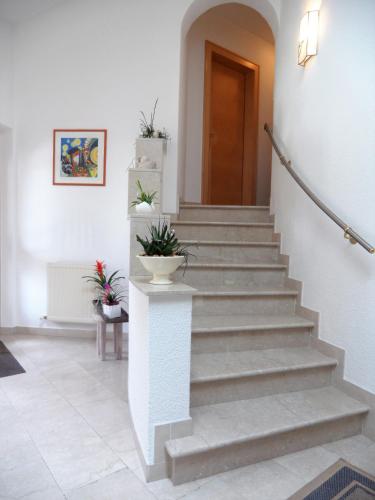 a staircase in a building with potted plants at Haus Salzmann in Pfunds