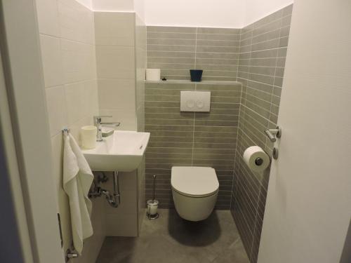 a small bathroom with a toilet and a sink at Apartments Nina in Rab