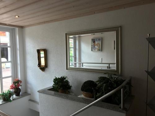 a mirror on a wall in a room with plants at Landhotel Rangau Gasthof & Brennerei in Markt Erlbach
