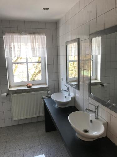 a bathroom with two sinks and two windows at Landhotel Rangau Gasthof & Brennerei in Markt Erlbach