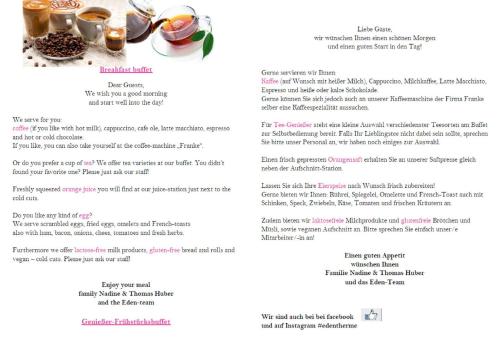 a page of a menu for a restaurant at Eden Hotel in Bad Krozingen
