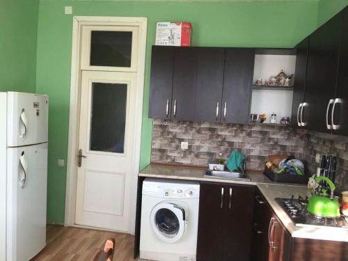 a kitchen with a washing machine and green walls at Homestay Izolda in Batumi