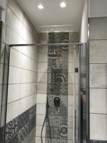 フランカヴィッラ・アル・マーレにあるAppartamento Stella del Mare Topのバスルーム(ガラスドア付きのシャワー付)