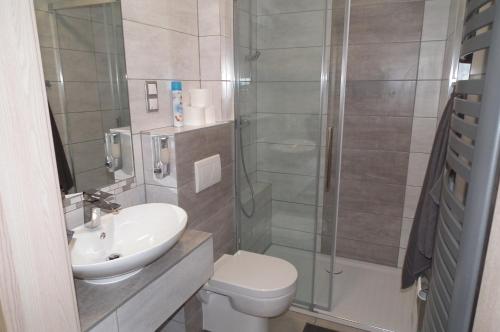 ein Bad mit einem WC, einem Waschbecken und einer Dusche in der Unterkunft Gdanziger Dom in Danzig