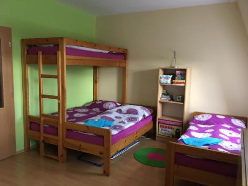 a bedroom with two bunk beds and a book shelf at Apartmány Racek in Ostružná