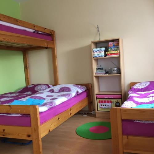 a bedroom with two bunk beds and a book shelf at Apartmány Racek in Ostružná