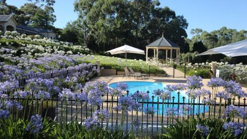 a garden with a swimming pool and purple flowers at Brice Hill Country Lodge in Clare