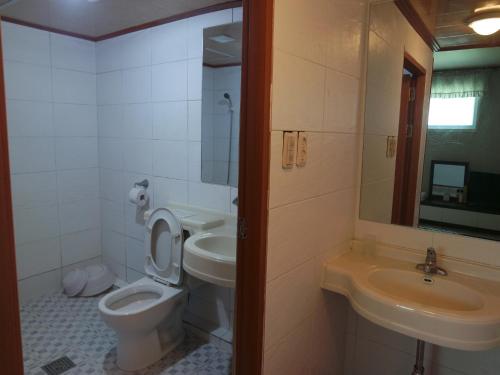 a bathroom with a toilet and a sink at Sorak Garden Resortel in Sokcho