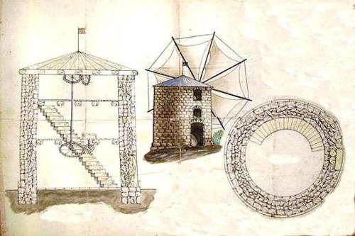 a drawing of two windmills and a house at Apartment Pilatus Ošljak in Preko