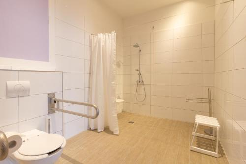 y baño con ducha y aseo. en Marina Niederhavel en Brandenburg an der Havel