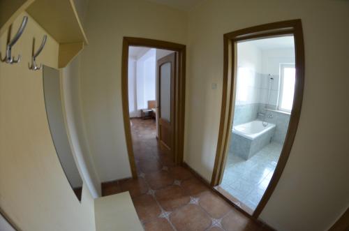 a bathroom with a tub and a toilet and a mirror at Vila Cristal Costinesti in Costinesti