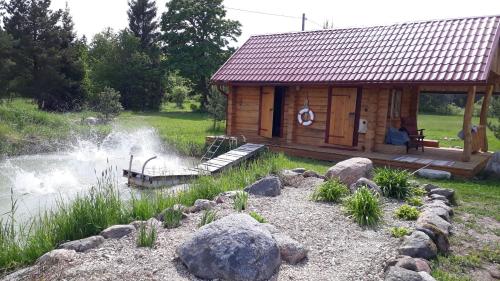 a log cabin with a pond in front of it at Männiste Holiday Home in Hiievälja