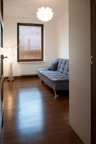 a living room with a blue couch and a window at DOMOTEL MOKOTÓW in Warsaw
