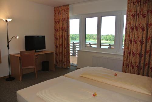 a hotel room with a bed and a television and a window at Bernsteinsee Hotel&Ferien in Sassenburg