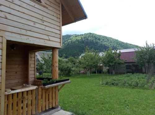 een houten hut met een tuin en een grasveld bij Sadyba Sukhar in Kolochava