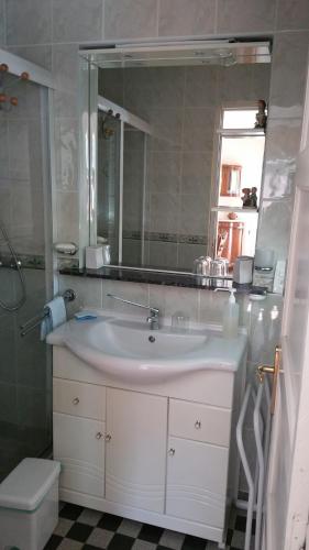 une salle de bain avec un lavabo et un miroir et des toilettes dans l'établissement Gîtes sains Baie du mont saint Michel LES HORTENSIAS, à Sains