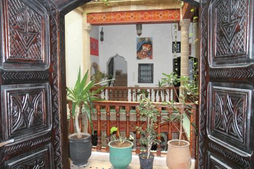una porta aperta con piante in vaso in una stanza di Riad Chakir Mogador a Essaouira
