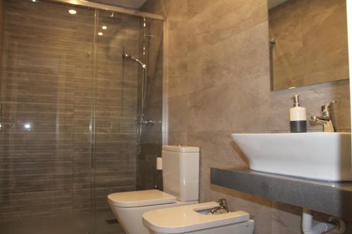 a bathroom with a toilet and a sink and a shower at Buenavista Apartment in Ronda