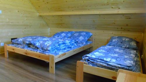 two beds in a room with wooden walls at Sloneczny Domek in Kacwin