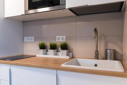 a kitchen with a sink and potted plants on a counter at MobyDick Luxury Beach Apartment in Siófok