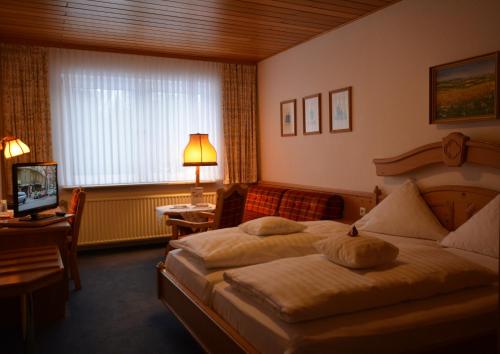 1 Schlafzimmer mit 2 Betten, einem Schreibtisch und einem TV in der Unterkunft Parkhotel zum Stern in Oberaula