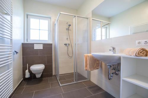 a bathroom with a shower and a sink and a toilet at Aparthotel Pichler in Flachau