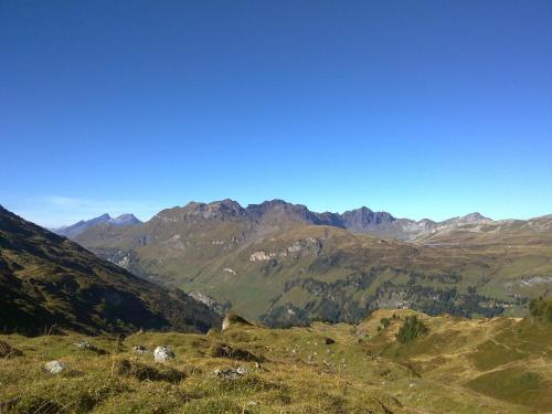 a view of a mountain range with mountains in the background at Hotel-Restaurant Alpina in Innertkirchen