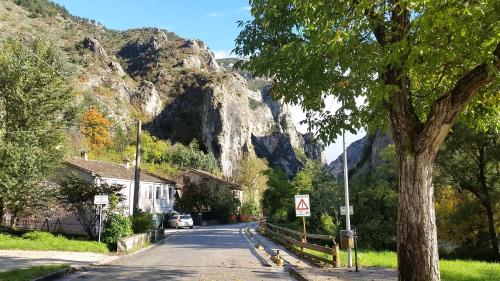a street in a small village with a mountain at B&B Aquilegia in Acqualagna