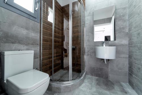 a bathroom with a toilet and a shower and a sink at Liberte Maisonettes in Parga