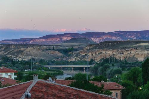 a view of a town with mountains in the background at Yoruk Stone House in Nevsehir