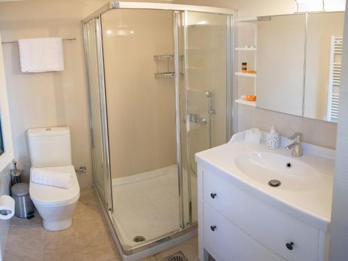 W łazience znajduje się prysznic, toaleta i umywalka. w obiekcie Villa Jiulita w mieście Tsoukalades