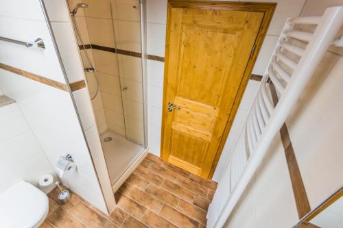 a bathroom with a shower and a wooden door at Ferienwohnungen Ender in Sebnitz