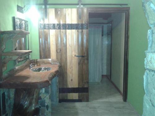 a bathroom with a wooden shower with a sink at Del Viejo Camino in El Bolsón